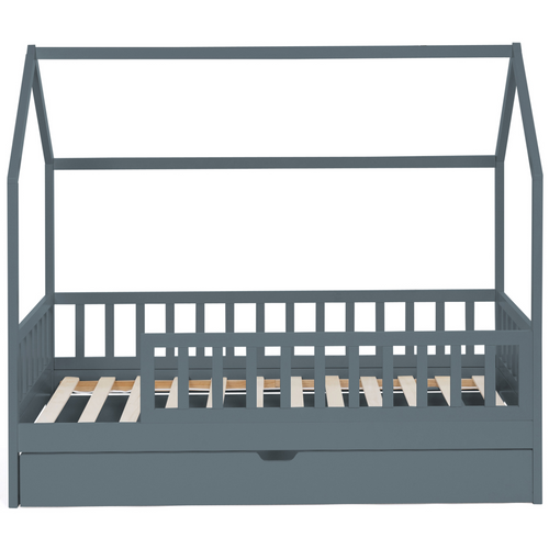 Lit Cabane Enfant 80 X 160 Cm Neree Gris Avec 1 Tiroir Gigogne Et De Rangement