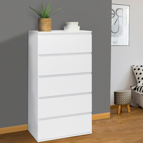 Chiffonnier 5 Tiroirs Tomi 60 Cm Commode Semainier Bois Blanc