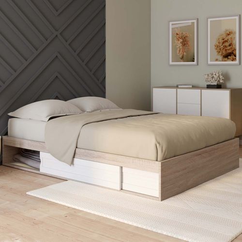 Cadre De Lit Double Salem Avec Rangements Et Sommier 140 X 190 Cm Façon Hêtre Et Blanc