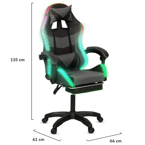 Fauteuil De Gaming LED Luc Avec Repose-pied, Coussin De Tête Et Support Lombaire Noir Et Gris