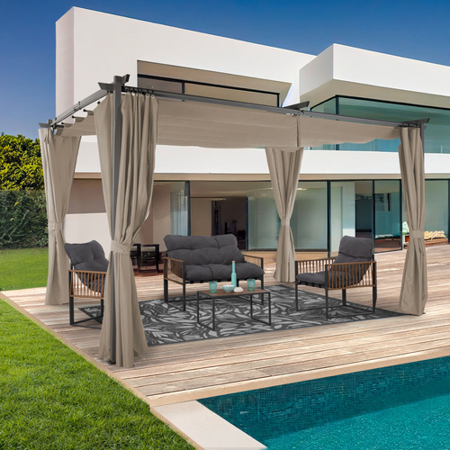 Pergola Édition Limitée Toit Rétractable 3x4 M Et 4 Rideaux Taupe