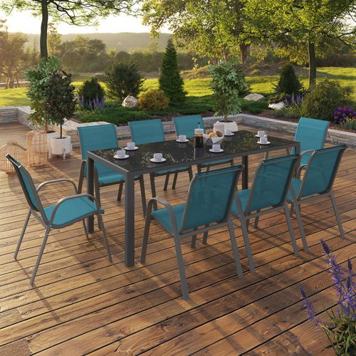 Salon De Jardin Madrid Table 190 Cm Et 8 Chaises Empilables Bleu Canard
