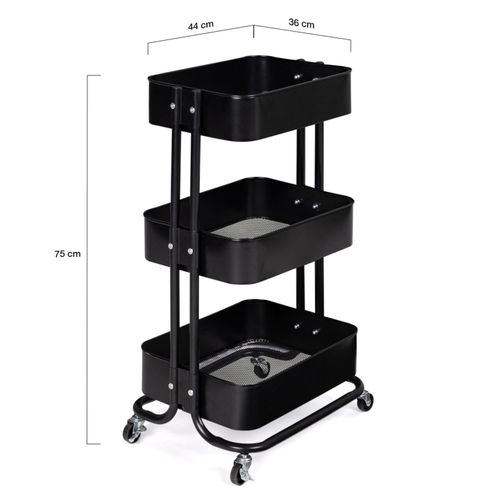 Chariot 3 Niveaux Desserte Étagère De Rangement à Roulettes Acier Noir