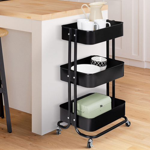 Chariot 3 Niveaux Desserte Étagère De Rangement à Roulettes Acier Noir