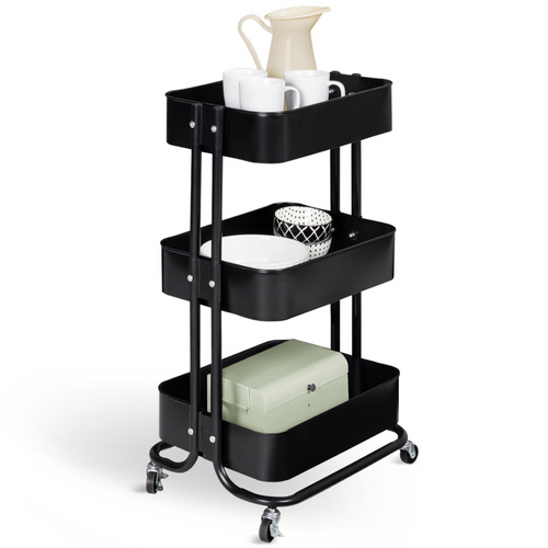 Chariot 3 Niveaux Desserte Étagère De Rangement à Roulettes Acier Noir