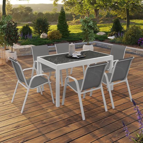 Salon De Jardin Madrid Table Extensible 135-270 Cm Et 12 Chaises Empilables Blanc Et Gris