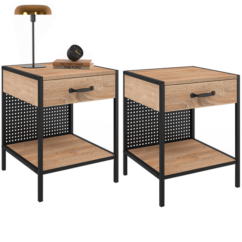 Lot De 2 Tables De Chevet Preston 1 Tiroir Avec Tablette Acier Perforé Design Industriel