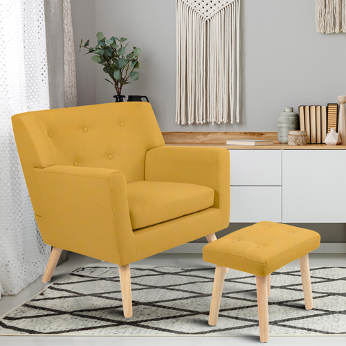 Fauteuil Scandinave Liv Avec Repose Pieds En Tissu Jaune