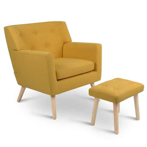 Fauteuil Scandinave Liv Avec Repose Pieds En Tissu Jaune
