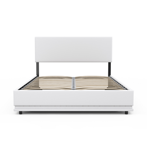 Lit Coffre Double Owen Avec LED Intégrées + Tête De Lit Et Sommier 140 X 190 Cm Pvc Blanc