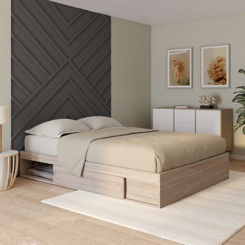 Cadre De Lit Double Salem Avec Rangements Et Sommier 140 X 190 Cm Façon Hêtre