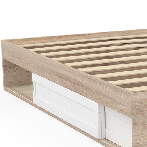 Cadre De Lit Double Salem Avec Rangements Et Sommier 160 X 200 Cm Façon Hêtre Et Blanc