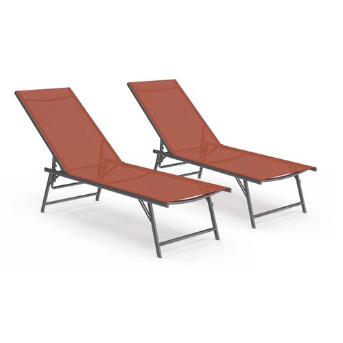 Lot De 2 Transats De Jardin Inclinables Kailua En Acier Gris Anthracite Et Toile Terracotta
