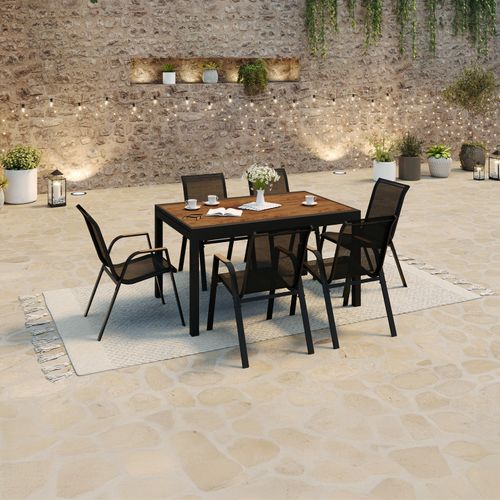 Ensemble Assises Et Table Noumea Extensible 135/270 Cm Effet Bois Et 12 Chaises Empilables Noir