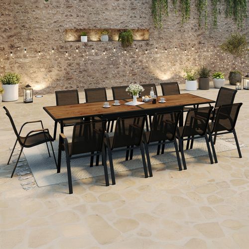 Ensemble Assises Et Table Noumea Extensible 135/270 Cm Effet Bois Et 12 Chaises Empilables Noir