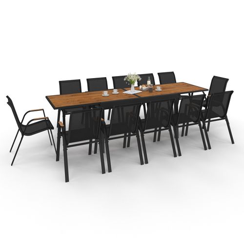Ensemble Assises Et Table Noumea Extensible 135/270 Cm Effet Bois Et 12 Chaises Empilables Noir
