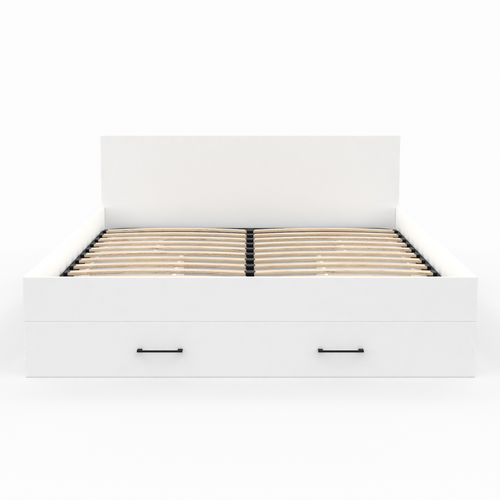 Lit Double Minea Avec Tiroirs + Niches De Rangement + Tête De Lit Et Sommier 140 X 190 Cm Blanc