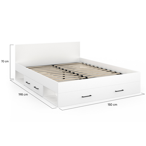 Lit Double Minea Avec Tiroirs + Niches De Rangement + Tête De Lit Et Sommier 140 X 190 Cm Blanc