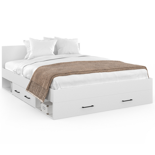 Lit Double Minea Avec Tiroirs + Niches De Rangement + Tête De Lit Et Sommier 140 X 190 Cm Blanc