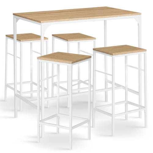 Ensemble Table Haute De Bar Detroit 100 Cm Et 4 Tabourets Bois Et Métal Blanc Design Industriel