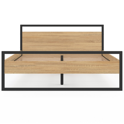 Lit Double Industriel Detroit Avec Tête De Lit Et Sommier 140 X 190 Cm Bois Et Métal Noir