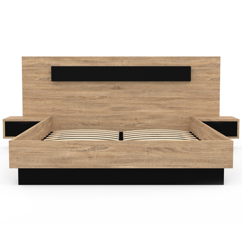 Lit Double Santa Avec Tête De Lit + Tables De Chevet Intégrées Et Sommier 140 X 190 Cm Bois Et Noir