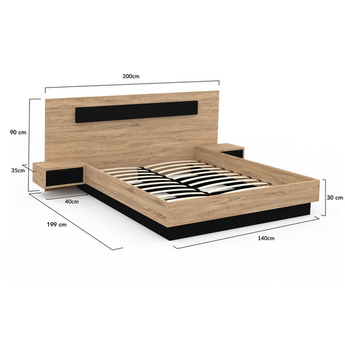 Lit Double Santa Avec Tête De Lit + Tables De Chevet Intégrées Et Sommier 140 X 190 Cm Bois Et Noir