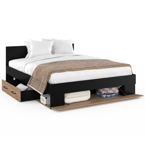 Lit Double Minea Avec Tiroirs + Niches De Rangement + Tête De Lit Et Sommier 140 X 190 Cm Façon Hêtr