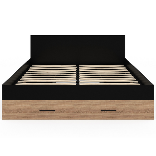 Lit Double Minea Avec Tiroirs + Niches De Rangement + Tête De Lit Et Sommier 140 X 190 Cm Façon Hêtr