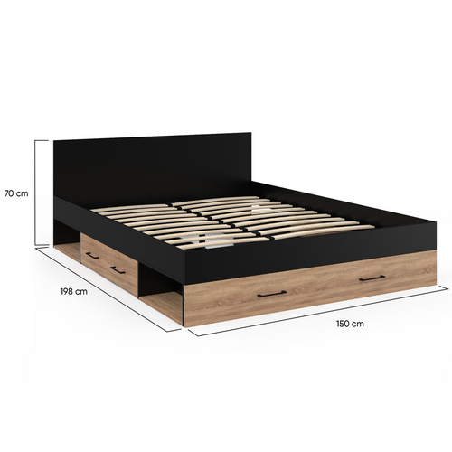 Lit Double Minea Avec Tiroirs + Niches De Rangement + Tête De Lit Et Sommier 140 X 190 Cm Façon Hêtr