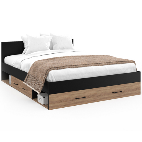 Lit Double Minea Avec Tiroirs + Niches De Rangement + Tête De Lit Et Sommier 140 X 190 Cm Façon Hêtr