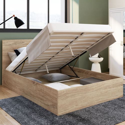 Lit Coffre Double Seaside Avec Tête De Lit Et Sommier 140x190 Cm Façon Hêtre