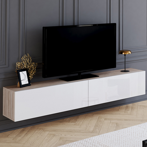 Meuble TV 180 Cm Suspendu Elio 2 Portes Bois Et Blanc