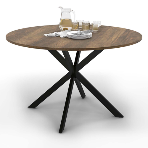 Table à Manger Ronde Alix 6 Personnes Pied Araignée Noir Et Plateau Bois Foncé Hawkins 110 Cm