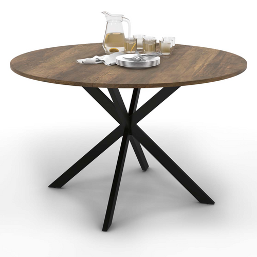 Table à Manger Ronde Alix 6 Personnes Pied Araignée Noir Et Plateau Bois Foncé Hawkins 110 Cm