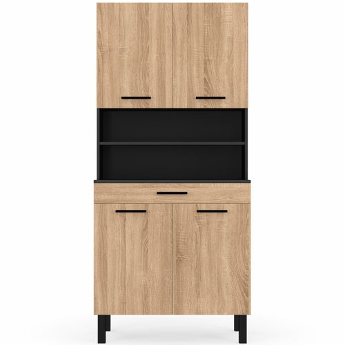 Buffet De Cuisine 80 Cm Cina 4 Portes + Tiroir Noir Et Façon Hêtre