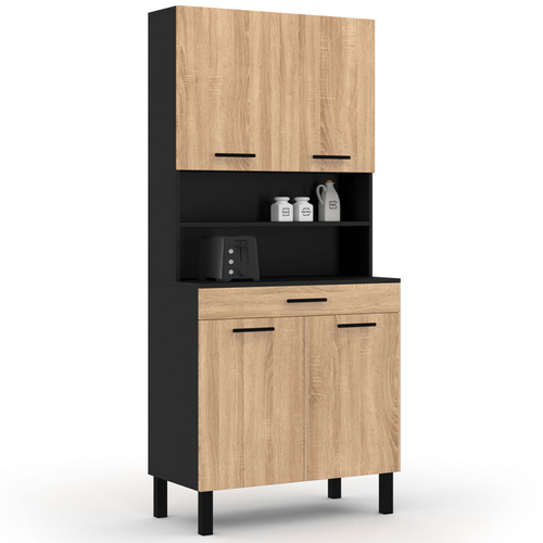 Buffet De Cuisine 80 Cm Cina 4 Portes + Tiroir Noir Et Façon Hêtre