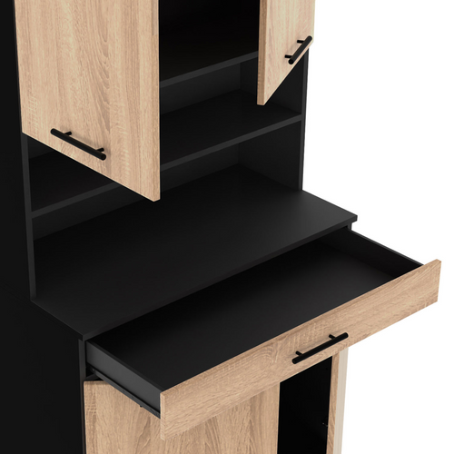 Buffet De Cuisine 80 Cm Cina 4 Portes + Tiroir Noir Et Façon Hêtre