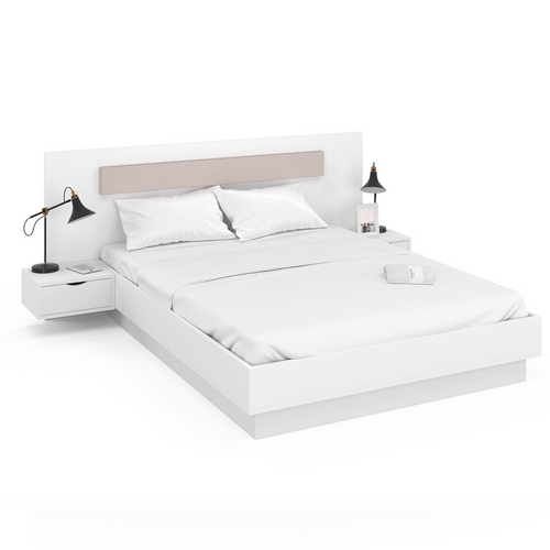 Lit Double Santa Avec Tête De Lit + Tables De Chevet Intégrées Et Sommier 140 X 190 Cm Blanc