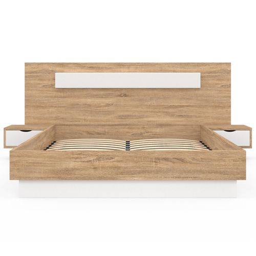 Lit Double Santa Avec Tête De Lit + Tables De Chevet Intégrées Et Sommier 140 X 190 Cm Bois Et Blanc