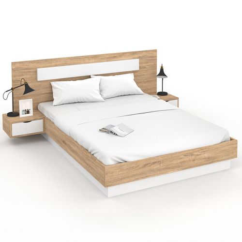Lit Double Santa Avec Tête De Lit + Tables De Chevet Intégrées Et Sommier 140 X 190 Cm Bois Et Blanc