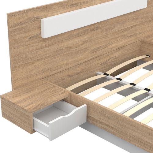 Lit Double Santa Avec Tête De Lit + Tables De Chevet Intégrées Et Sommier 140 X 190 Cm Bois Et Blanc