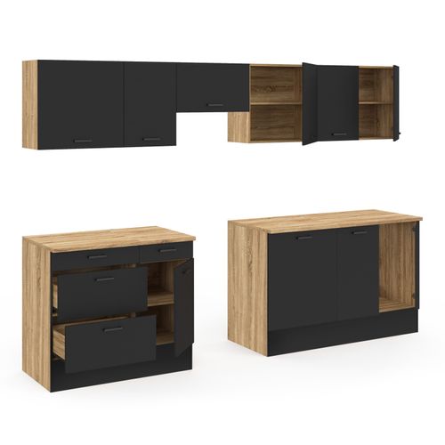 Cuisine Complète Casserolier 300 Cm Subtil Avec Plan De Travail 9 Éléments Bois Et Noir