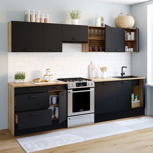 Cuisine Complète Casserolier 300 Cm Subtil Avec Plan De Travail 9 Éléments Bois Et Noir