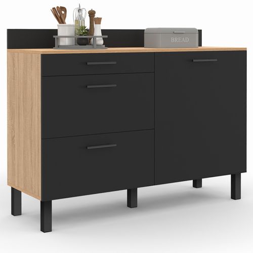 Buffet Bas Casserolier De Cuisine 120 Cm Cina Plan De Travail H.83 Cm 1 Porte + 3 Tiroirs Façon Hêtr