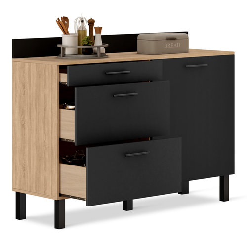 Buffet Bas Casserolier De Cuisine 120 Cm Cina Plan De Travail H.83 Cm 1 Porte + 3 Tiroirs Façon Hêtr