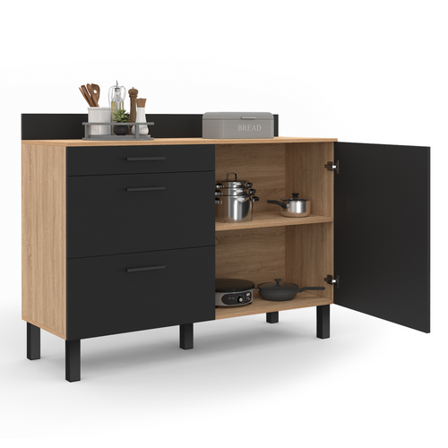 Buffet Bas Casserolier De Cuisine 120 Cm Cina Plan De Travail H.83 Cm 1 Porte + 3 Tiroirs Façon Hêtr