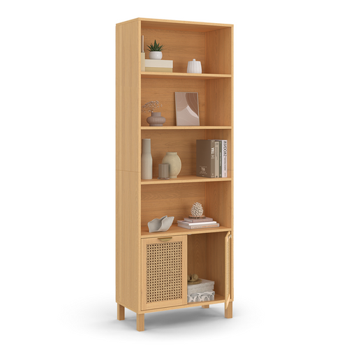 Etagère Bibliothèque 4 Niveaux Avec Placard Edhen Cannage Et Bois