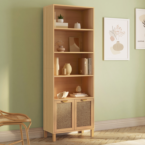 Etagère Bibliothèque 4 Niveaux Avec Placard Edhen Cannage Et Bois