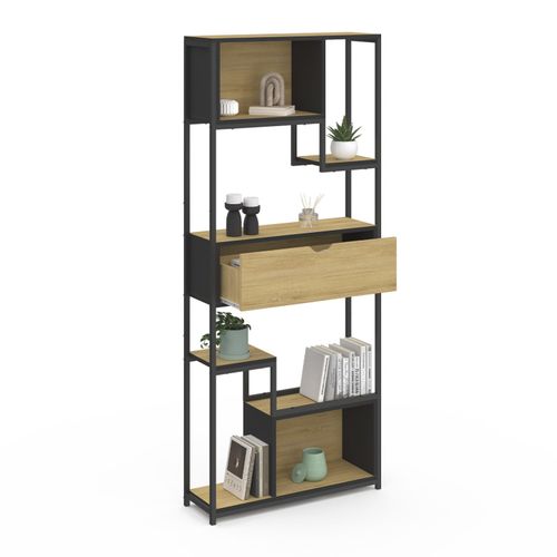 Etagère Bibliothèque 6 Niveaux Asymétrique Detroit Avec Tiroir Design Industriel 161 Cm